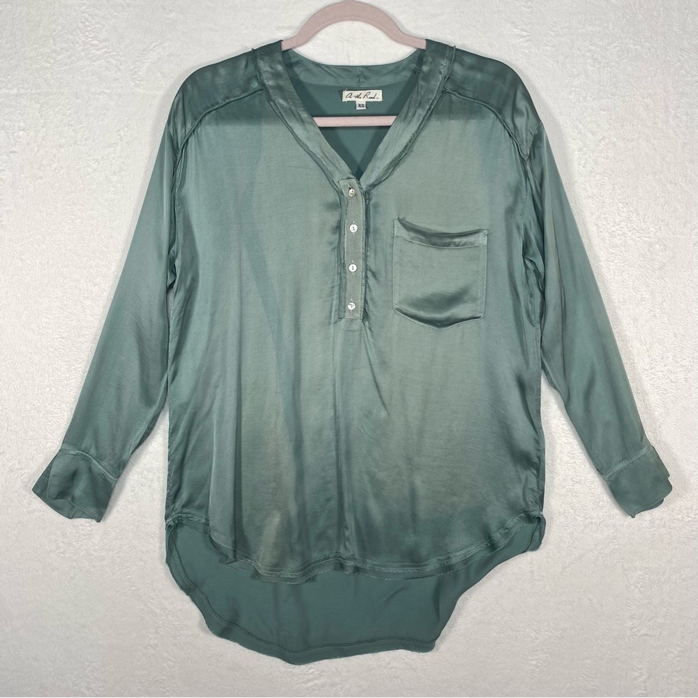On The Road Green Satin Henley Blouse